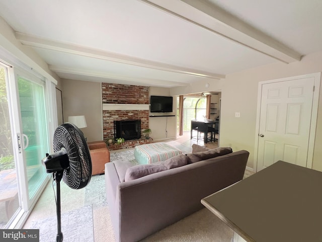 203 Spring Dr, Voorhees, NJ 08043 - carpeted living room with beamed ceiling and a brick fireplace