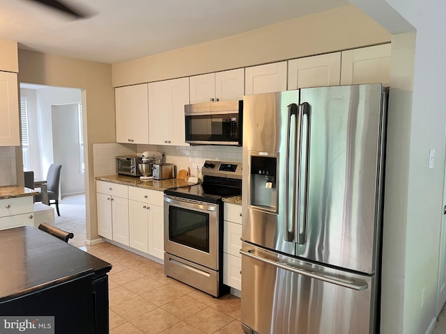 203 Spring Dr, Voorhees, NJ 08043 - kitchen featuring stainless steel appliances, white cabinetry, backsplash, and light tile patterned flooring