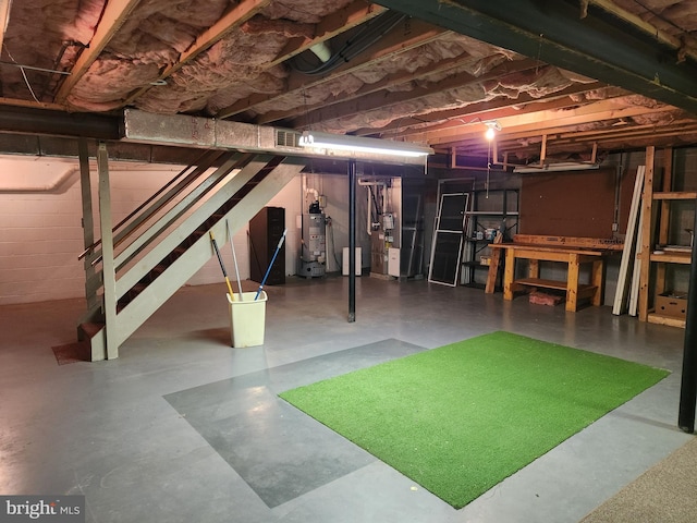 208 E 6th St, Lititz, PA 17543 - unfinished basement with gas water heater, heating unit, and stairway