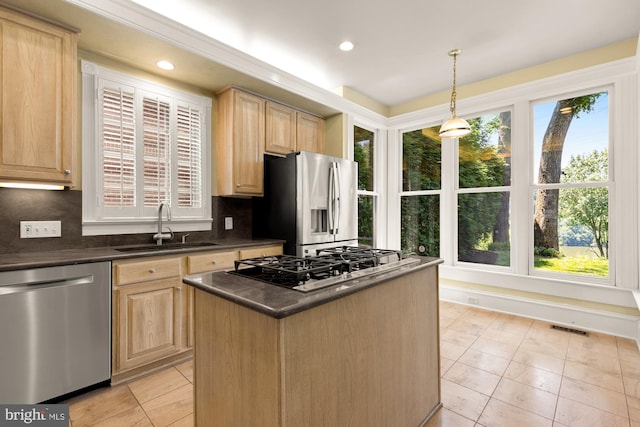 4621 Laverock Pl NW, Washington, DC 20007 - kitchen with stainless steel appliances, light brown cabinets, dark countertops, and recessed lighting