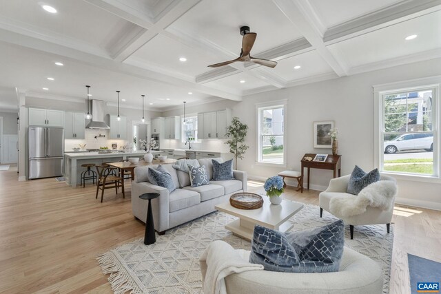 1603 Griffen Grv, Charlottesville, VA 22901 - living area with light wood finished floors, beam ceiling, recessed lighting, a ceiling fan, and coffered ceiling
