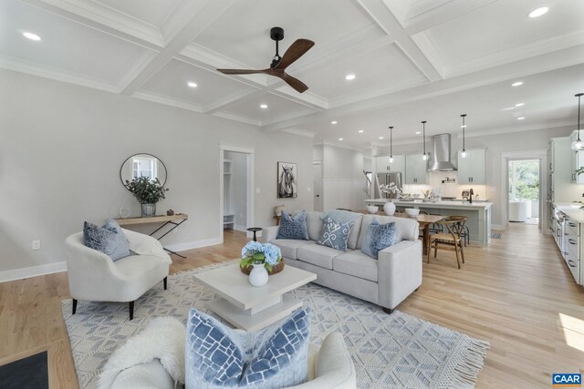 1603 Griffen Grv, Charlottesville, VA 22901 - living room featuring recessed lighting, ceiling fan, coffered ceiling, beam ceiling, and light wood-style flooring