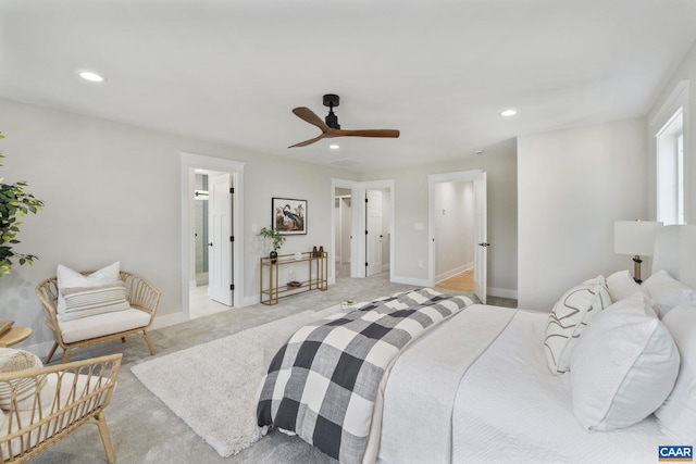 1603 Griffen Grv, Charlottesville, VA 22901 - bedroom with recessed lighting, light colored carpet, a ceiling fan, and connected bathroom