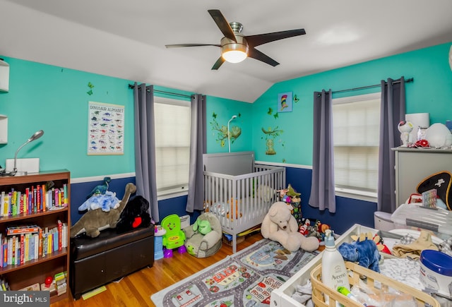 124 Connecticut Ave, Cherry Hill, NJ 08002 - bedroom featuring lofted ceiling, a crib, wood finished floors, and ceiling fan