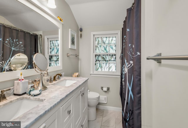 124 Connecticut Ave, Cherry Hill, NJ 08002 - bathroom with double vanity, vaulted ceiling, marble finish floors, and a shower with shower curtain