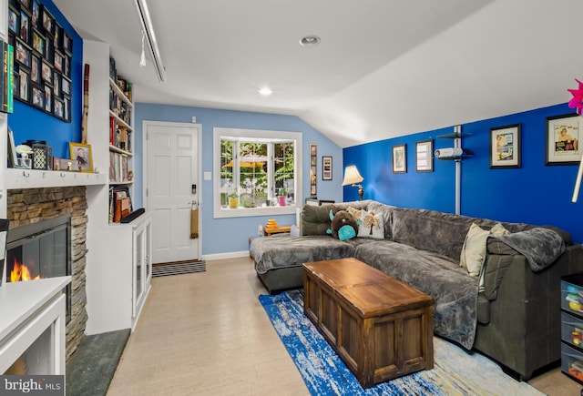 124 Connecticut Ave, Cherry Hill, NJ 08002 - living room with a stone fireplace, vaulted ceiling, and recessed lighting