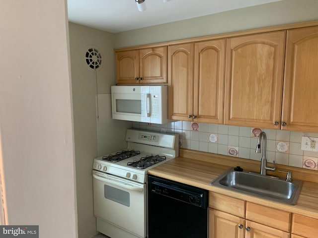 1601 Belle View Blvd Unit A1, Alexandria, VA 22307 - kitchen with white appliances, backsplash, light brown cabinetry, and light countertops