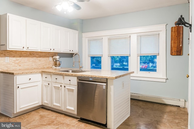 850 N Reading Ave, Boyertown, PA 19512 - kitchen featuring dishwasher, baseboard heating, a peninsula, decorative backsplash, and white cabinetry