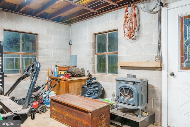 850 N Reading Ave, Boyertown, PA 19512 - below grade area with a wood stove and concrete block wall