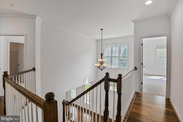 13319 Moonlight Trail Dr, Silver Spring, MD 20906 - hall featuring an upstairs landing, a chandelier, dark wood-style flooring, crown molding, and recessed lighting