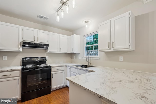 10 Suncroft Ct, Silver Spring, MD 20904 - kitchen featuring black electric range oven, under cabinet range hood, white cabinets, light stone counters, and light wood-type flooring