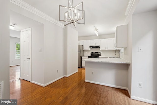 10 Suncroft Ct, Silver Spring, MD 20904 - kitchen featuring freestanding refrigerator, black electric range, light wood-style flooring, and under cabinet range hood