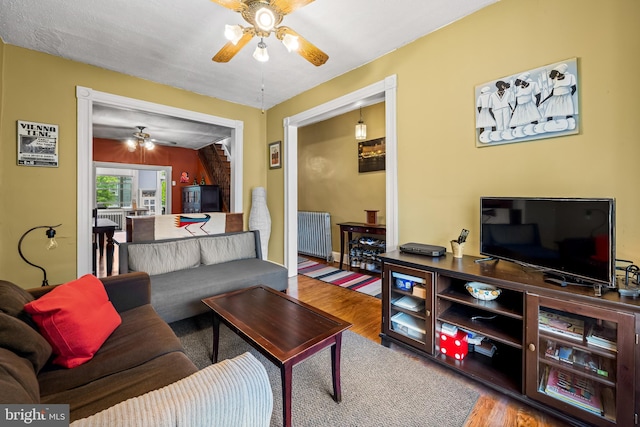 619 E 36th St E, Baltimore, MD 21218 - living room featuring ceiling fan, radiator, and wood finished floors