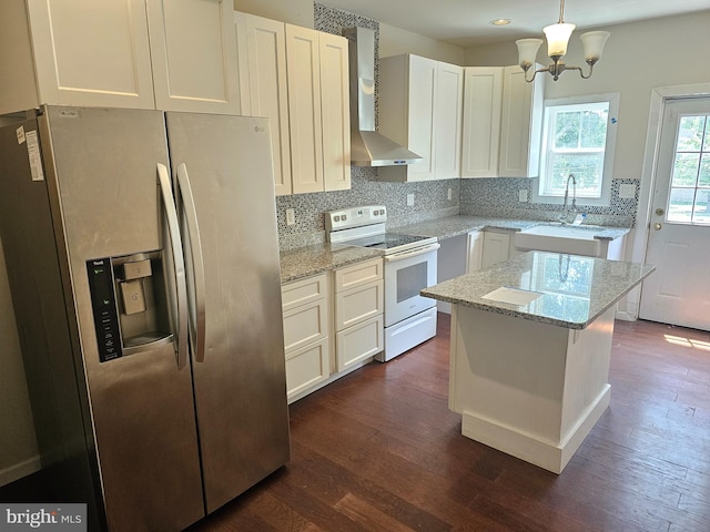 1427 E Eager St, Baltimore, MD 21205 - kitchen featuring stainless steel refrigerator with ice dispenser, white electric range oven, wall chimney exhaust hood, tasteful backsplash, and white cabinets