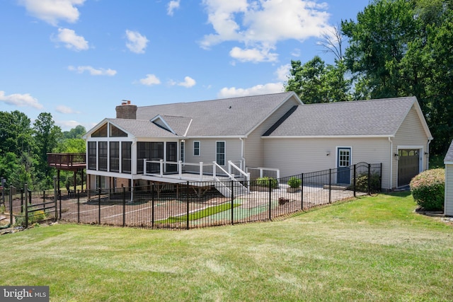 20 Bee Tree Mill Ct, Parkton, MD 21120 - back of property with a sunroom, a shingled roof, a chimney, a fenced backyard, and a deck