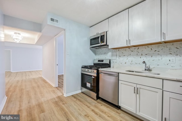 1836 Metzerott Rd Unit 419, Hyattsville, MD 20783 - kitchen with appliances with stainless steel finishes, backsplash, white cabinets, and light wood-style floors