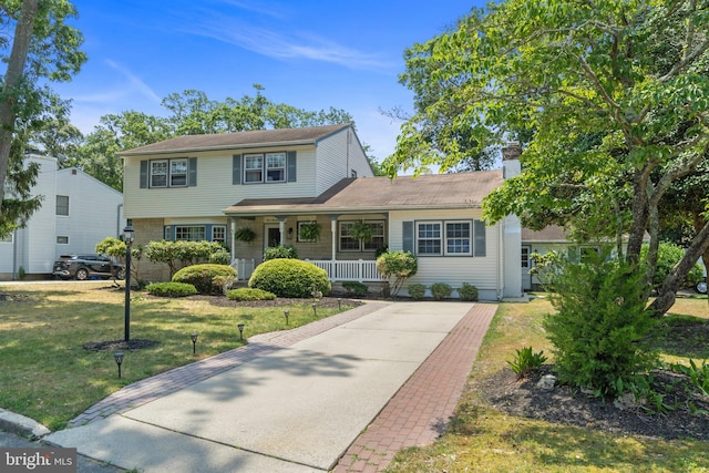 405 Frances Ave, Linwood, NJ 08221 - traditional-style house with covered porch, a front lawn, a chimney, and driveway