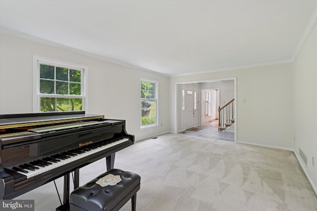 213 Willits Way, Glen Mills, PA 19342 - living area featuring ornamental molding, carpet flooring, and stairway