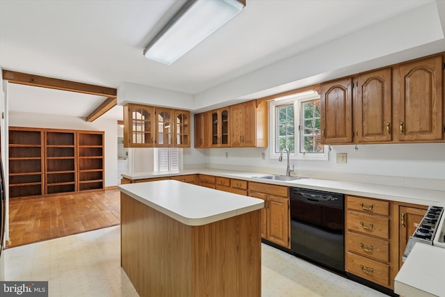 213 Willits Way, Glen Mills, PA 19342 - kitchen with black dishwasher, brown cabinets, beam ceiling, glass insert cabinets, and light countertops