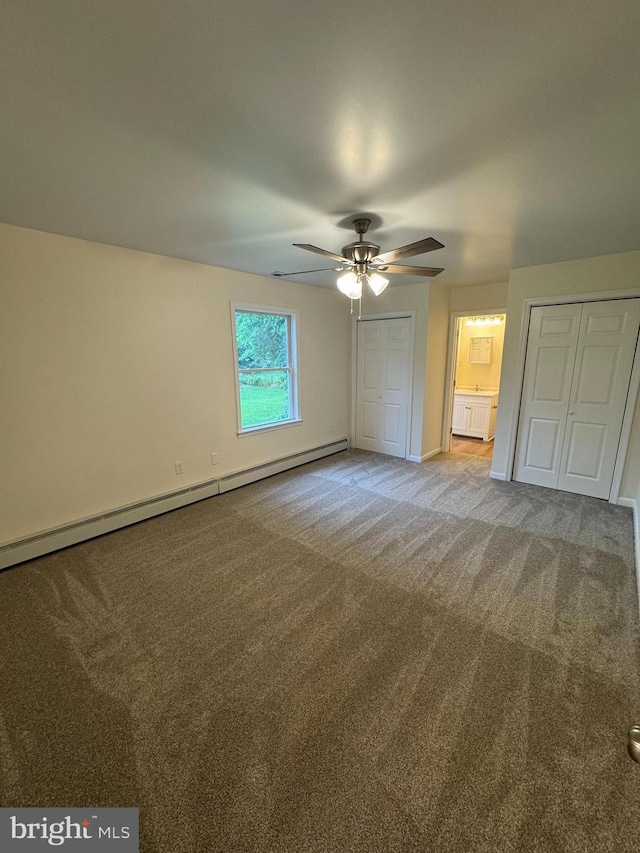 5825 Ebenezer Rd, White Marsh, MD 21162 - unfurnished bedroom featuring a baseboard radiator, carpet, and ceiling fan