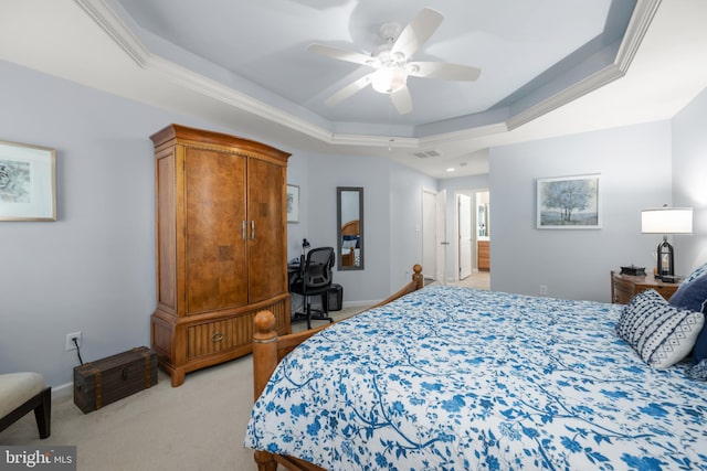 42 Ruddy Duck Ln, Bridgeville, DE 19933 - bedroom featuring light colored carpet, a tray ceiling, crown molding, and a ceiling fan