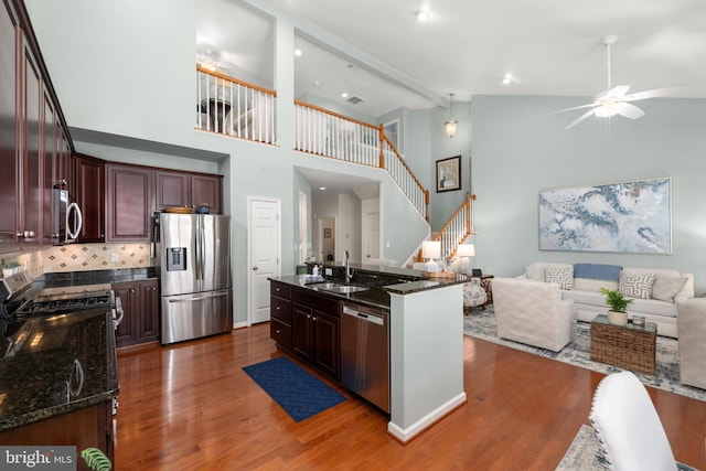 42 Ruddy Duck Ln, Bridgeville, DE 19933 - kitchen featuring stainless steel appliances, a ceiling fan, open floor plan, dark wood-style floors, and high vaulted ceiling