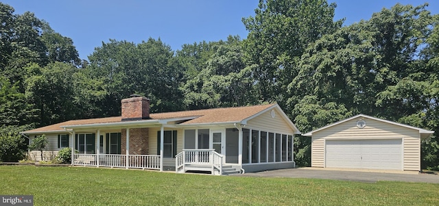 24735 Red Hill Ct, Hollywood, MD 20636 - ranch-style house with an outdoor structure, a garage, a chimney, a front yard, and a porch
