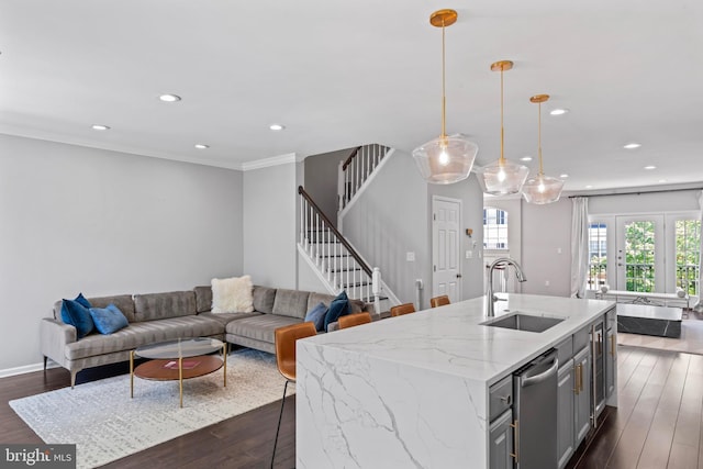 6692 Ordsall St, Alexandria, VA 22315 - kitchen featuring open floor plan, recessed lighting, gray cabinetry, dark wood-type flooring, and light stone countertops