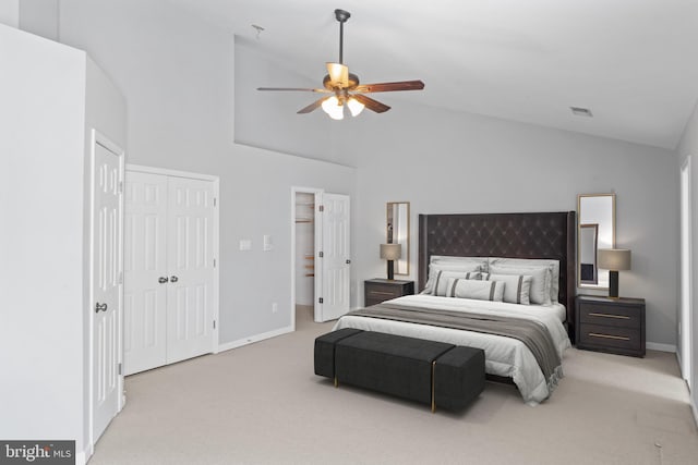 6692 Ordsall St, Alexandria, VA 22315 - bedroom featuring light colored carpet, high vaulted ceiling, and a ceiling fan