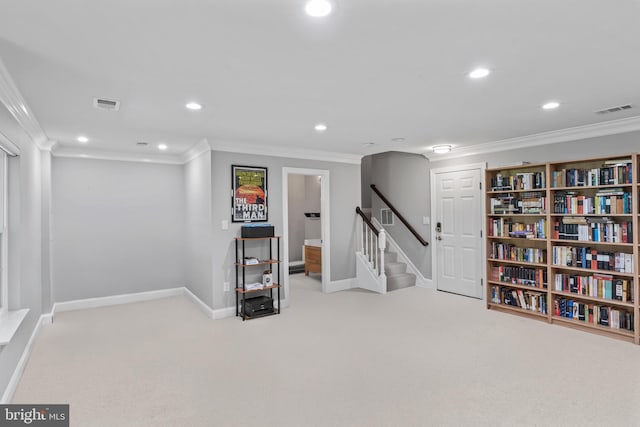 6692 Ordsall St, Alexandria, VA 22315 - below grade area featuring crown molding, recessed lighting, carpet flooring, stairway, and arched walkways