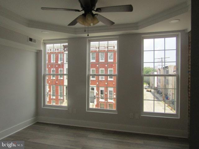 16 Gilmor St, Baltimore, MD 21223 - empty room featuring ceiling fan, wood finished floors, healthy amount of natural light, and a raised ceiling