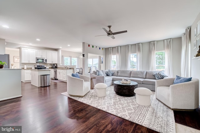 43865 Laurel Ridge Dr, Ashburn, VA 20147 - living area with a ceiling fan, dark wood-style flooring, and recessed lighting