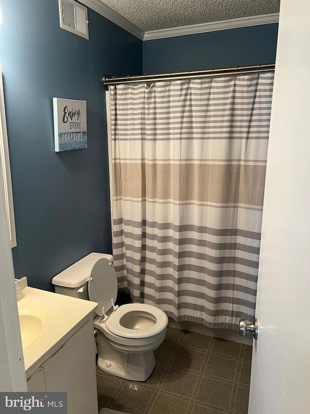 119 Old Landing Rd Unit 207F, Ocean City, MD 21842 - bathroom featuring a textured ceiling, vanity, ornamental molding, and a shower with curtain