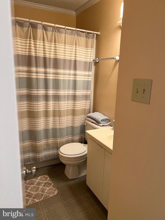 119 Old Landing Rd Unit 207F, Ocean City, MD 21842 - full bath featuring vanity, ornamental molding, curtained shower, and a textured ceiling