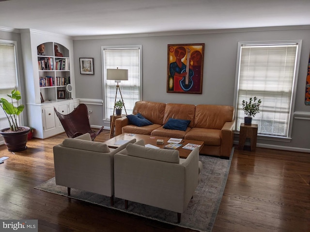 1006 Kimberwicke Rd, Mclean, VA 22102 - living room featuring ornamental molding, wood finished floors, and built in shelves