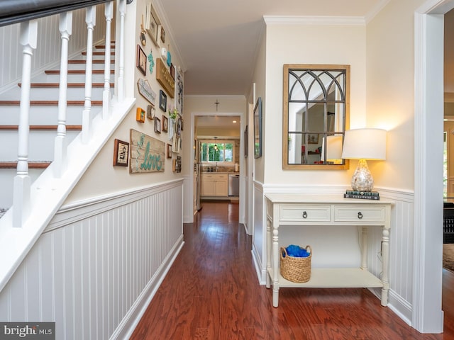 220 Rabbitt Rd, Gaithersburg, MD 20878 - corridor with dark wood-type flooring, a wainscoted wall, ornamental molding, stairway, and a decorative wall
