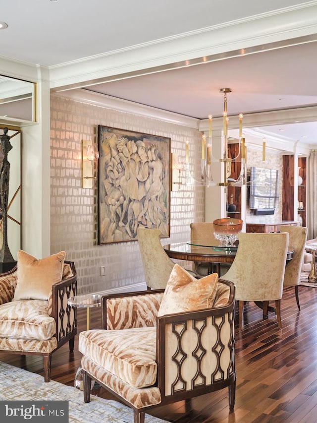 44 W Mechanic St, New Hope, PA 18938 - dining space with crown molding, hardwood / wood-style flooring, and a chandelier