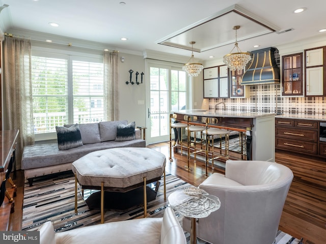 44 W Mechanic St, New Hope, PA 18938 - living room with a chandelier, ornamental molding, dark wood-style floors, and recessed lighting