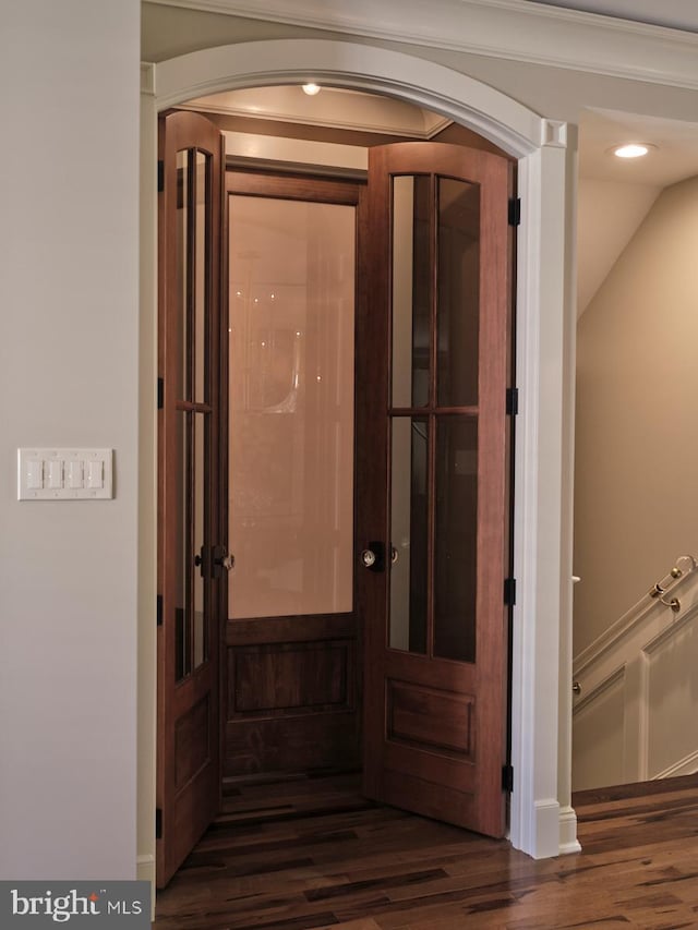 44 W Mechanic St, New Hope, PA 18938 - corridor with wood finished floors, arched walkways, and recessed lighting