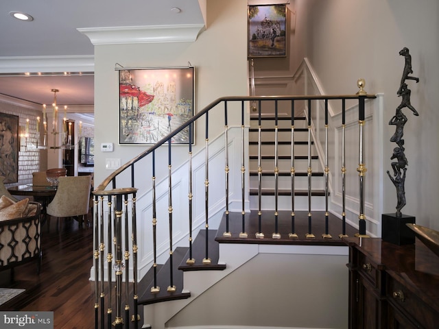 44 W Mechanic St, New Hope, PA 18938 - stairs with crown molding, wood finished floors, and a decorative wall