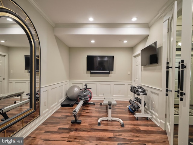 44 W Mechanic St, New Hope, PA 18938 - workout room with ornamental molding, a decorative wall, wood finished floors, wainscoting, and recessed lighting