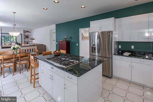 9 Sleepy Hollow Ln, West Windsor, NJ 08550 - kitchen with appliances with stainless steel finishes, recessed lighting, light flooring, white cabinets, and dark stone counters