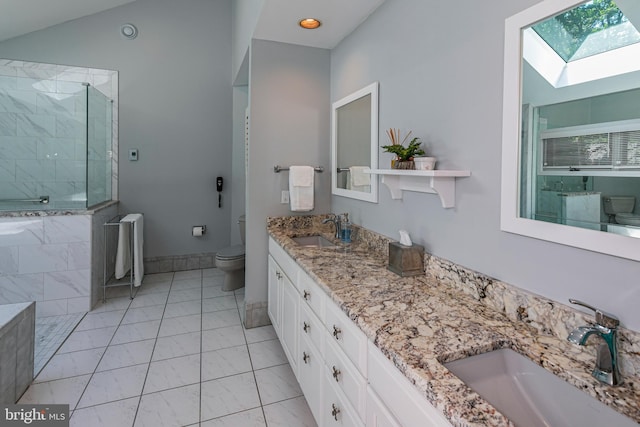 9 Sleepy Hollow Ln, West Windsor, NJ 08550 - bathroom with a skylight, double vanity, tiled shower, and marble finish flooring