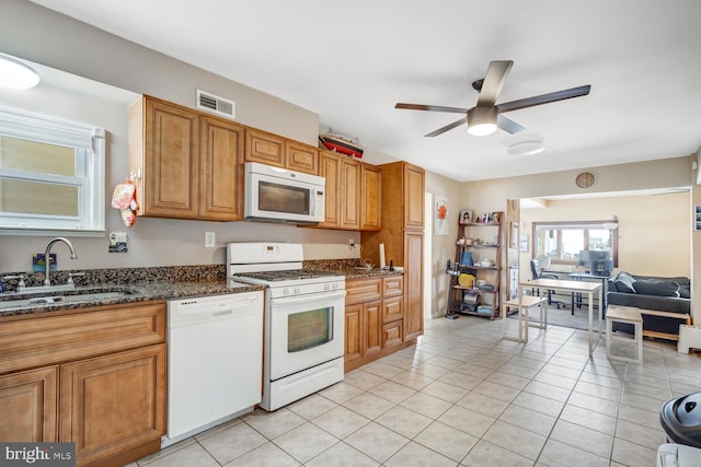 119 S Captains Dr, Little Egg Harbor Twp, NJ 08087 - kitchen with white appliances, a ceiling fan, dark stone countertops, light tile patterned floors, and open floor plan
