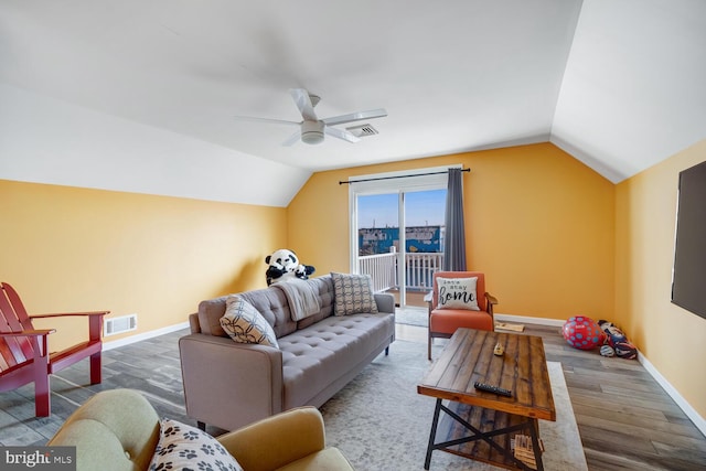 119 S Captains Dr, Little Egg Harbor Twp, NJ 08087 - living room with vaulted ceiling, wood finished floors, and ceiling fan
