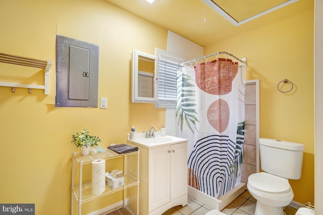 119 S Captains Dr, Little Egg Harbor Twp, NJ 08087 - bathroom with electric panel, vanity, curtained shower, and tile patterned flooring