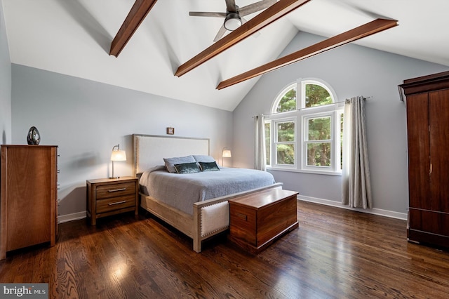 10309 E Hunter Valley Rd, Vienna, VA 22181 - bedroom featuring beamed ceiling, dark wood-type flooring, high vaulted ceiling, and ceiling fan