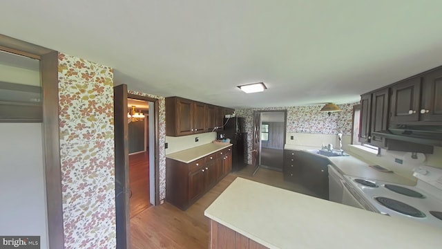899 Shrivers Corner Rd, Gettysburg, PA 17325 - kitchen with wallpapered walls, white electric stove, range hood, wood finished floors, and light countertops