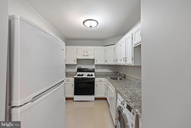 2939 Van Ness St NW Unit 230, Washington, DC 20008 - kitchen featuring white appliances, washer / dryer, under cabinet range hood, and white cabinetry