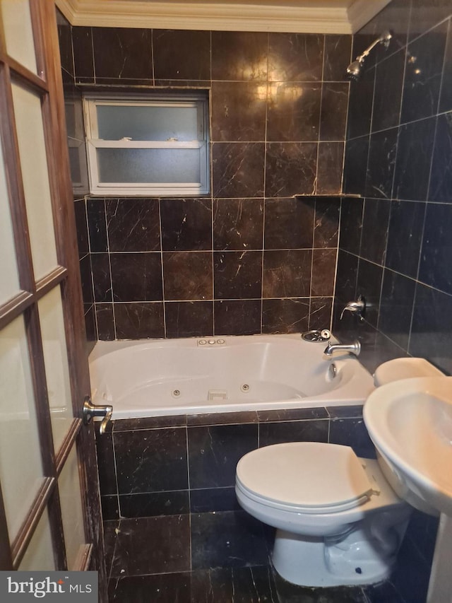 76 Galveston Pl SW Unit E, Washington, DC 20032 - full bathroom featuring a combined bath / shower with jetted tub, ornamental molding, and tile walls